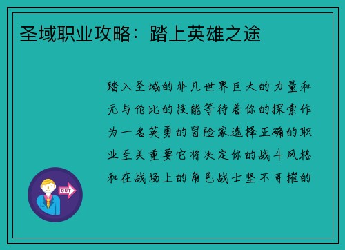 圣域职业攻略：踏上英雄之途